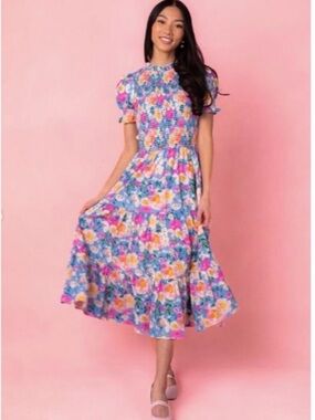 Ivy City Delia Dress Smocked Midi Dress - Blue Multi 3X